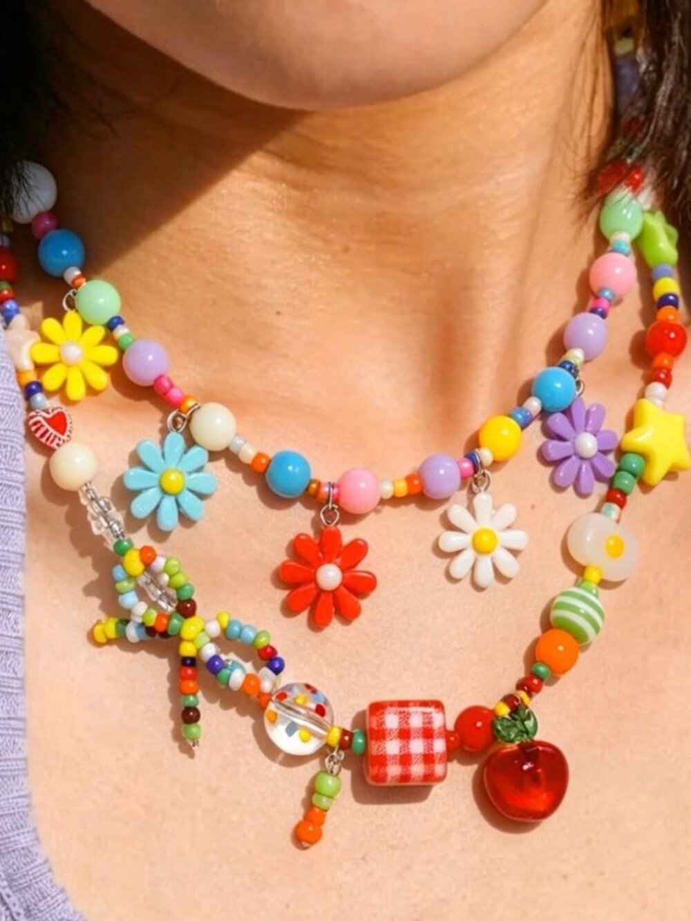 2pc Y2K Colorful Beaded Necklace Set Daisy Apple Bow Star Cute Jewelry